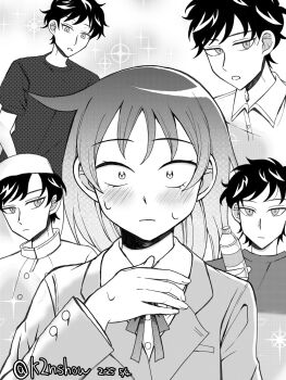 1boy 1girl bien_(k2nshow) blush bottle futsuu_no_keion-bu hatono_chihiro highres mizuo_haruichi monochrome school_uniform shirt sparkle sparkle_background t-shirt twitter_username waiter water_bottle
