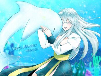 1girl arch_bishop_(ragnarok_online) black_dress borrowed_character breasts cleavage_cutout closed_eyes clothing_cutout commentary_request coral cowboy_shot dated dolphin dress gift_art grey_hair happy_birthday juliet_sleeves large_breasts long_hair long_sleeves open_mouth puffy_sleeves ragnarok_masters ragnarok_online sash smile solo tefiti two-tone_dress underwater white_dress yellow_sash