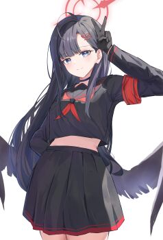 1girl absurdres arm_behind_back armband black_choker black_eyes black_gloves black_hair black_sailor_collar black_serafuku black_shirt black_skirt black_wings blue_archive choker closed_mouth commentary cowboy_shot gloves hair_ornament hairclip halo hand_up highres hoshinoan ichika_(blue_archive) long_hair long_sleeves looking_at_viewer low_wings midriff_peek neckerchief parallel_hairclips pleated_skirt red_armband red_halo red_neckerchief sailor_collar school_uniform serafuku shirt simple_background skirt smile solo unusually_open_eyes v white_background wings