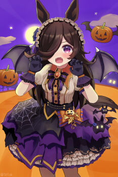 1girl absurdres animal_ears bat_(animal) bat_wings black_gloves blue_flower blue_rose blush bow breasts brown_hair claw_pose cloud esu_tea fangs flipped_hair flower frilled_hairband frills full_moon gloves hair_over_one_eye hairband halloween halloween_costume highres horse_ears horse_girl horse_tail jack-o&#039;-lantern jack-o&#039;-lantern_ornament lace lace-trimmed_gloves lace_trim long_hair looking_at_viewer moon official_alternate_costume open_mouth puffy_sleeves pumpkin purple_eyes purple_wings rice_shower_(make_up_vampire!)_(umamusume) rice_shower_(umamusume) rose shirt short_sleeves skirt solo star_(symbol) tail umamusume white_shirt wings