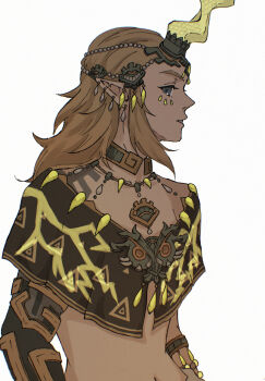 1boy blonde_hair charged_set_(zelda) commentary_request crop_top earrings facial_mark highres horns jewelry link long_hair male_focus midriff navel necklace nikohakaeritai nintendo official_alternate_costume pointy_ears sidelocks simple_background single_horn solo the_legend_of_zelda the_legend_of_zelda:_tears_of_the_kingdom upper_body white_background