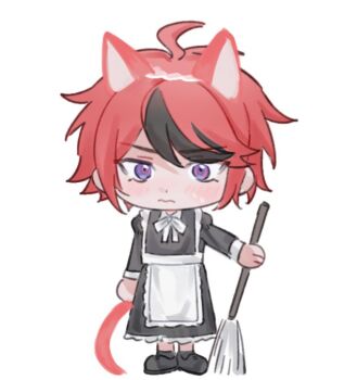 ahoge animal_ears apron black_hair blue_eyes blush broom cat_boy cat_ears cat_tail closed_mouth crossdressing eyebrows holding holding_broom looking_at_viewer maid maid_apron messy_hair multicolored_eyes multicolored_hair red_eyes red_hair standing sumino_takumi tail the_hundred_line_-last_defense_academy-