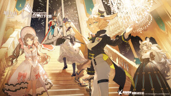 Rule 34 | 1boy, 4girls, absurdly long hair, ambience synesthesia, amiya (ambience synesthesia 2022) (arknights), amiya (arknights), animal ears, arknights, bare shoulders, black boots, black dress, black gloves, black hat, black jacket, blue eyes, blue sash, bonnet, boots, brown hair, chandelier, closed umbrella, commentary request, crown, dress, eyjafjalla (ambience synesthesia 2022) (arknights), eyjafjalla (arknights), feet out of frame, globus cruciger, gloves, grin, hat, highres, holding, holding globus cruciger, holding umbrella, indoors, infection monitor (arknights), jacket, leggings, leonhardt (ambience synesthesia 2022) (arknights), leonhardt (arknights), long hair, looking at viewer, mini hat, mini top hat, multiple girls, night, off-shoulder dress, off shoulder, official alternate costume, official art, pants, pramanix (ambience synesthesia 2022) (arknights), pramanix (arknights), puffy short sleeves, puffy sleeves, purple eyes, purple hat, rabbit boy, rabbit ears, railing, rapier, rella, saileach (ambience synesthesia 2022) (arknights), saileach (arknights), sash, scabbard, sheath, sheathed, short sleeves, shoulder sash, smile, stairs, standing, sword, top hat, umbrella, very long hair, weapon, white dress, white hair, white pants