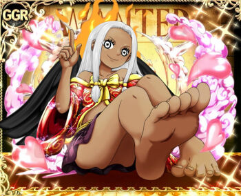 1girl angel angel_wings artist_request barefoot card_(medium) dark-skinned_female dark_skin feet female_focus fire foot_focus grey_hair heart looking_at_viewer multicolored_shirt one_piece one_piece_treasure_cruise perspective s-snake seraphim_(one_piece) smile smoke soles solo source_request star_(symbol) star_in_eye symbol_in_eye third-party_edit toes wanted_poster white_eyes wings
