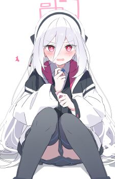 1girl absurdly_long_hair absurdres black_hairband black_thighhighs blue_archive blue_necktie blush double-parted_bangs embarrassed hair_between_eyes hairband halo highres jacket kei_(blue_archive) kei_(new_body)_(blue_archive) long_hair long_hair_between_eyes long_sleeves looking_at_viewer makeup mochigome_(ununquadium) multicolored_jacket necktie open_mouth pink_eyes pink_halo red_eyes ringed_eyes sidelocks sitting solo sweat thighhighs two-tone_jacket very_long_hair white_background white_hair white_jacket