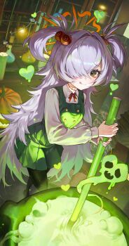 1girl absurdres alchemy blue_archive closed_mouth collared_shirt commentary_request cooking_pot dress eyebrows_hidden_by_hair full_body green_dress green_eyes grey_hair hair_bobbles hair_intakes hair_ornament hair_over_one_eye heart highres indoors jack-o&#039;-lantern kanoe_(blue_archive) korean_commentary long_bangs long_hair long_sleeves looking_at_viewer one_eye_covered pinafore_dress pleated_dress shirt sleeveless sleeveless_dress solo standing stirring tongue tongue_out very_long_hair white_shirt wing_collar zero_o0101