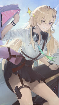 1girl artist_name black_skirt blonde_hair blue_sky breasts commentary day earrings english_commentary headphones headphones_around_neck highres id_card jewelry looking_at_viewer lynae_(wuthering_waves) medium_breasts motor_vehicle motorcycle one_eye_closed outdoors purple_eyes rakizuuu shirt shirt_tucked_in skirt sky solo star_(symbol) star_earrings white_shirt wuthering_waves