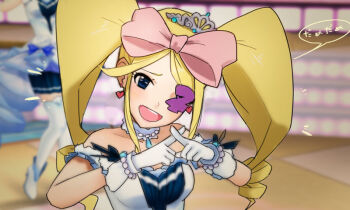 10s 1girl 3d anime_screenshot blonde_hair blue_eyes blush bow choker crossover dancing derivative_work dress drill_hair earrings eyepatch female_focus gloves hair_bow harime_nui heart heart_earrings hong_doo idol idolmaster jewelry kill_la_kill long_hair necklace open_mouth pink_bow sleeveless sleeveless_dress solo tiara twin_drills white_gloves