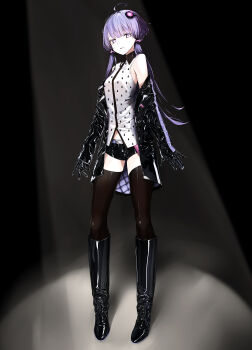 1girl absurdres ahoge black_thighhighs boots breasts full_body gloves highres jacket knee_boots leather leather_boots leather_gloves leather_jacket leather_shorts long_hair nashi_(tw_nasi) navel off_shoulder purple_eyes purple_hair shirt short_shorts shorts sleeveless sleeveless_shirt small_breasts solo standing thighhighs voiceroid yuzuki_yukari