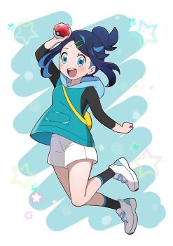 1girl :d black_hair black_shirt black_socks blue_eyes blue_hair blue_hoodie commentary_request full_body hair_ornament hairclip holding holding_poke_ball hood hoodie liko_(pokemon) long_sleeves looking_at_viewer marie_(marie_cookie222) multicolored_hair nintendo open_mouth poke_ball poke_ball_(basic) pokemon pokemon_(anime) pokemon_horizons shirt shoes short_hair shorts sleeveless sleeveless_hoodie smile socks solo star_(symbol) teeth two-tone_hair upper_teeth_only white_shoes white_shorts yellow_bag