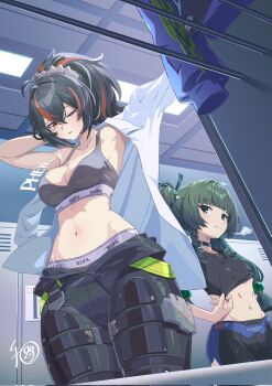 2girls black_hair black_pants black_shirt bra breasts changing_room commentary_request corrupted_twitter_file green_eyes green_hair grey_bra grey_panties highres indoors kz_nezu3 locker long_hair medium_breasts midriff multicolored_hair multiple_girls navel one_eye_closed orange_eyes orange_hair panties pants ponytail qingyi_(zenless_zone_zero) shirt short_hair small_breasts stream two-tone_hair underwear very_long_hair white_shirt zenless_zone_zero zhu_yuan