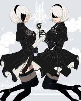 2b_(nier:automata) 2girls a2_(nier:automata) black_thighhighs covered_eyes high_heels highres holding_hands mitsuki_nite multiple_girls nier:automata nier_(series) short_hair thighhighs white_hair