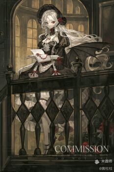 1girl absurdres black_bonnet black_dress black_shoes bonnet book closed_mouth commission dress flower frilled_dress frills full_body gloves grey_hair highres holding holding_book huang_du_du juliet_sleeves long_hair long_sleeves mihuashi_username open_book original puffy_sleeves red_eyes red_flower red_rose rose shoes solo standing watermark white_gloves wide_sleeves