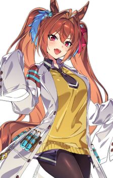 1girl agnes_tachyon_(umamusume)_(cosplay) animal_ears black_necktie black_pantyhose blush breasts brown_hair brown_tail cardigan coat collared_shirt cosplay daiwa_scarlet_(umamusume) dot_nose ear_ornament ear_piercing fang female_focus highres horse_ears horse_girl horse_tail lab_coat large_breasts long_hair long_sleeves looking_at_viewer marghe_bita necktie no_pants open_mouth pantyhose piercing red_eyes shirt simple_background sleeves_past_fingers sleeves_past_wrists smile solo solo_focus sweater sweater_vest tail test_tube twintails umamusume very_long_hair vest white_background white_coat yellow_cardigan yellow_sweater yellow_sweater_vest yellow_vest