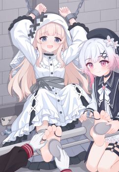 3girls absurdres barefoot beret black_hat blonde_hair bound cellphone commentary_request cross cross_earrings cross_ornament crying crying_with_eyes_open dress earrings eugenecolin flower frilled_dress frills glass_bottle gloves grey_eyes hair_ornament hat hat_flower highres hikami_meruru hime_cut jewelry mahou_shoujo_no_majo_saiban multiple_girls nikaido_hiro o-ring o-ring_thigh_strap phone pink_eyes pink_hair priestess restrained sakuraba_ema smartphone soles tears thigh_strap tickling tickling_feet toes torture veil white_dress white_flower white_gloves white_hair white_veil x_hair_ornament