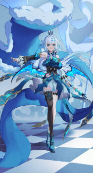 1girl aqua_eyes aqua_hair asymmetrical_legwear black_thighhighs blue_cape blue_shirt bow breasts cane cape cerydra_(honkai:_star_rail) crown detached_sleeves fur-trimmed_cape fur_trim gradient_hair hair_ornament high_heels highres holding holding_cane honkai:_star_rail honkai_(series) long_hair long_sleeves looking_at_viewer medium_breasts mini_crown multicolored_hair multiple_girls purple_bow shirt single_thighhigh sleeveless sleeveless_shirt solo thighhighs very_long_hair white_hair wira
