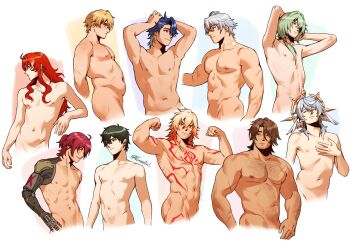 6+boys abs absurdres anaxa_(honkai:_star_rail) animal_ears argenti_(honkai:_star_rail) arm_hair arm_tattoo black_hair blonde_hair blue_hair braid chest_hair chest_tattoo closed_eyes dan_heng_(honkai:_star_rail) dark-skinned_male dark_skin double_biceps_pose earrings fang flexing fox_ears gallagher_(honkai:_star_rail) gepard_landau green_hair grey_hair hair_intakes headband highres honkai:_star_rail honkai_(series) jewelry long_hair luka_(honkai:_star_rail) male_focus mechanical_arms medium_hair multicolored_hair multiple_boys muscular muscular_male mydei_(honkai:_star_rail) navel neck_wings nifast_(greentail) nipples nude orange_hair pectorals phainon_(honkai:_star_rail) plump prosthesis prosthetic_arm pubic_hair red_hair red_tattoo sampo_koski scar scar_on_arm scar_on_chest short_hair single_mechanical_arm skinny smile stomach_hair streaked_hair sun_symbol sun_tattoo sunday_(honkai:_star_rail) tan tattoo toned toned_male wavy_hair white_hair