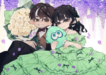 Rule 34 | 1boy, 1girl, absurdres, black eyes, black hair, black jacket, black pants, bouquet, bow, bowtie, braid, brown bow, brown bowtie, brown hair, brown vest, closed mouth, collarbone, collared shirt, commission, crown braid, dress, dress shirt, earrings, flower, frilled dress, frills, green dress, grid, grin, highres, holding, holding bouquet, holding stuffed toy, inkling, inkling boy, inkling girl, inkling player character, jacket, jewelry, looking at another, medium hair, mole, mole on collarbone, nintendo, off-shoulder dress, off shoulder, open clothes, open jacket, pants, pointy ears, prat rat, sharp teeth, shirt, short hair, smile, splatoon (series), stuffed animal, stuffed squid, stuffed toy, teeth, tentacle hair, vest, white flower, white shirt