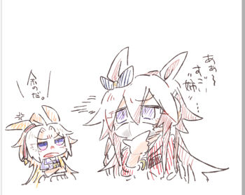 2girls anger_vein animal_ears beer_hsk black_robe bow brown_hair chibi crossed_arms dual_persona ear_ribbon hair_between_eyes horse_ears jacket mask mouth_mask multicolored_hair multiple_girls open_mouth orfevre_(old_design)_(umamusume) pleated_skirt puffy_short_sleeves puffy_sleeves purple_eyes purple_shirt red_jacket robe school_uniform shirt short_sleeves simple_background skirt surgical_mask tracen_school_uniform translation_request two-tone_hair umamusume white_background white_hair white_shirt white_skirt