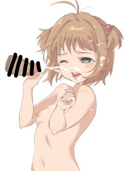 artist_request bar_censor blush breasts brown_hair bukkake cardcaptor_sakura censored completely_nude cum cum_on_body facial hair_bobbles hair_ornament highres kinomoto_sakura loli nipples nude one_eye_closed open_mouth penis short_hair surprised tears white_background