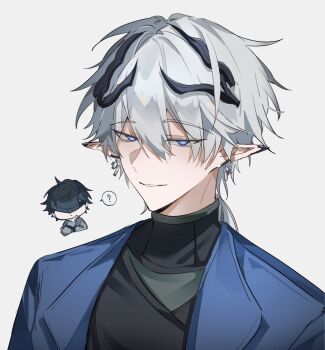 2boys ? ardashir_(arknights) arknights arknights:_endfield black_hair black_horns black_mask black_shirt blue_eyes blue_jacket closed_mouth endministrator_(arknights) highres horns jacket lapels looking_at_viewer male_endministrator_(arknights) male_focus mask multiple_boys open_clothes open_jacket pointy_ears shirt simple_background smile solo_focus speech_bubble spoken_question_mark suit_jacket upper_body white_background white_hair zane_zenn