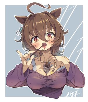 1girl absurdres agnes_tachyon_(casual)_(umamusume) agnes_tachyon_(umamusume) ahoge animal_ears between_breasts blush bra_strap breasts brown_hair casual chemical_structure chocolate cleavage collarbone cropped_torso earrings eating food food_between_breasts food_in_mouth hair_between_eyes highres holding holding_food holding_pocky horse_ears horse_girl huge_ahoge jewelry large_breasts long_sleeves looking_at_viewer medium_hair necklace off-shoulder_shirt off-shoulder_sweater off_shoulder open_mouth pocky pocky_day pocky_in_mouth purple_shirt purple_sweater red_eyes shirt single_earring smile solo sweater teeth umamusume upper_teeth_only woruta_(soloistlist)