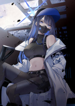 1girl akatsuki_hijiri bare_shoulders baseball_cap black_hair black_hat blue_archive blue_eyes blue_hair breasts coat colored_inner_hair commentary_request halo hand_in_pocket hat highres large_breasts long_hair looking_at_viewer multicolored_hair navel open_clothes open_coat saori_(blue_archive) sitting solo stomach very_long_hair white_coat