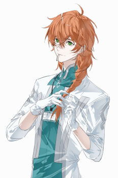 1boy absurdres ahoge artist_request braiding_hair chaldea_uniform commission fate/grand_order fate_(series) gloves green_eyes hair_between_eyes hair_tie_in_mouth hairdressing highres id_card long_hair male_focus mouth_hold orange_hair romani_archaman second-party_source shirt simple_background smile upper_body white_background white_gloves