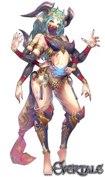 1girl aqua_hair armlet bare_shoulders barefoot black_nails commentary_request contrapposto detached_sleeves evertale extra_arms fantasy fingernails gyurelle_(evertale) hands_on_own_hips highres horns jewelry kazto_furuya long_pointy_ears long_toenails looking_at_viewer monster_girl mouth_veil multicolored_eyes nail_polish official_art pointy_ears see-through_clothes sharp_fingernails sharp_toenails solo tattoo tiptoes toenail_polish toenails veil white_background