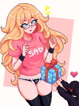 2girls absurdres artist_self-insert black_hair black_thighhighs blonde_hair blush glasses heart highres kana_fujisawa long_hair multiple_girls no_pants open_mouth panties pink_shirt pixel_art shirt solo t-shirt thighhighs underwear yumykon yumyverse