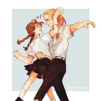 1boy 1girl :d aged_down ahoge bad_proportions belt black_pants black_skirt blonde_hair braid dancing eye_contact grey_background heart henry_henderson hetero highres long_hair looking_at_another martha_marriott mirrored_text open_mouth pants peanutseagle shirt skirt smile socks spy_x_family twin_braids twintails white_shirt white_socks