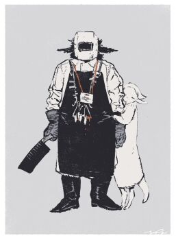 1boy 1girl apron arm_hug body_fur boots cleaver commentary_request dress full_body furry furry_female furry_male gloves grey_background greyscale holding holding_cleaver monochrome nagabe original simple_background standing tail welding_mask