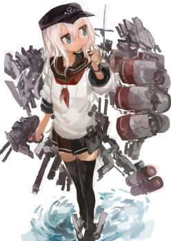 1girl absurdres black_hat black_sailor_collar black_skirt black_thighhighs blue_eyes closed_mouth commentary_request flat_cap hat hibiki_(kancolle) highres holding kaamin_(mariarose753) kantai_collection long_hair miniskirt neckerchief pleated_skirt red_neckerchief rigging sailor_collar school_uniform serafuku simple_background skirt solo standing thighhighs water white_background white_hair