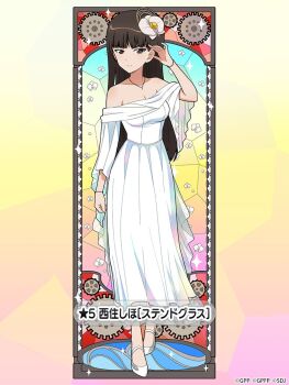 1girl adjusting_hair bare_shoulders blunt_bangs blush bracelet breasts brown_eyes brown_hair character_name cleavage collarbone dress expressionless flower full_body gears girls_und_panzer girls_und_panzer_senshadou_daisakusen! hair_flower hair_ornament iridescent jewelry layered_dress long_dress long_hair looking_at_viewer necklace nishizumi_shiho official_art orchid shoes stained_glass strapless strapless_dress translated white_dress white_flower white_shoes