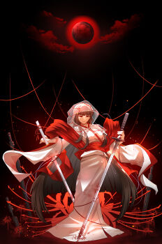 0910615903-hsu 1girl absurdres black_hair breasts bridal_veil closed_mouth cloud commentary_request flower highres holding holding_sheath holding_sword holding_weapon hood japanese_clothes katana kimono light_particles limbus_company long_hair long_sleeves moon obi planted planted_sword planted_weapon project_moon red_eyes red_flower red_sash ryoshu_(project_moon) sash see-through_clothes sheath shiromuku small_breasts solo spider_lily standing string sword uchikake veil wataboushi weapon white_kimono wide_sleeves