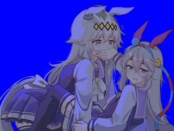 2girls ahoge animal_ears blood blood_on_face blue_background blue_eyes blue_hairband bow bowtie covering_another's_mouth ear_covers ear_ornament grey_hair grey_tail hair_between_eyes hair_ornament hairband hand_over_another's_mouth headband highres horse_ears horse_girl horse_tail koppiaa long_hair long_sleeves multicolored_hair multicolored_hairband multiple_girls oguri_cap_(umamusume) parted_lips pleated_skirt purple_sailor_collar purple_serafuku purple_shirt purple_skirt purple_thighhighs red_headband sailor_collar sailor_shirt school_uniform serafuku shirt skirt striped_clothes striped_hairband sweatdrop tail tamamo_cross_(umamusume) thighhighs tracen_school_uniform two-tone_hairband umamusume white_bow white_bowtie yuri