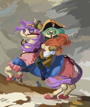 Rule 34 | 2girls, :s, animalization, bicorne, black headwear, closed mouth, commentary, english commentary, fine art parody, full body, green eyes, green hair, hat, highres, horse, horseback riding, komeiji koishi, komeiji satori, looking at viewer, multiple girls, napoleon crossing the alps, numenoko, open mouth, outdoors, parody, pink slippers, pointing, purple eyes, reins, riding, saddle, short hair, slippers, tan tan pou, touhou