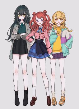 3girls :3 absurdres antenna_hair black_boots black_hair black_overskirt black_ribbon black_skirt blonde_hair blue_ribbon blue_skirt blush boots braid braided_twintails brown_shoes closed_mouth clothes_writing coat collared_shirt commentary_request cropped_jacket crossed_arms dress_shirt fan_request fujita_kotone full_body gakuen_idolmaster green_eyes green_jacket green_shirt grey_background grey_coat hair_between_eyes hair_ribbon hanami_saki hand_in_pocket hand_on_own_hip hand_up hatsuboshi_gakuen_school_uniform highres hood hood_down hooded_jacket idolmaster jacket limo_nine loafers long_hair long_sleeves looking_at_viewer miniskirt multicolored_jacket multiple_girls neck_ribbon odaibako open_clothes open_coat open_jacket open_mouth orange_shoes pink_jacket plaid_clothes plaid_coat plaid_skirt pleated_skirt puffy_long_sleeves puffy_sleeves purple_eyes purple_jacket purple_skirt red_hair ribbon school_uniform shirt shoes signature simple_background skirt smile sneakers socks standing swept_bangs tsukimura_temari twin_braids two_side_up untucked_shirt white_jacket white_shirt white_socks yellow_eyes yellow_shirt