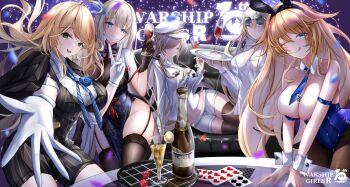 5girls alcohol animal_ear_hairband animal_ears anniversary bare_shoulders black_bra black_garter_straps black_gloves black_jacket black_shorts black_thighhighs blonde_hair blue_dress blue_eyes blue_flower blue_leotard blue_rose bra bra_peek breasts brown_thighhighs button_gap character_request china_dress chinese_clothes chinese_commentary cleavage commentary_request confetti copyright_name cup detached_collar dice dress drinking_glass earrings eyewear_on_head fake_animal_ears floral_print flower garter_straps gloves green_eyes grey_hair hairband hat highres holding holding_cup indoors iue_(pixiv_95802465) jacket jacket_on_shoulders jewelry lace lace-trimmed_bra lace-trimmed_gloves lace-trimmed_thighhighs lace_trim large_breasts leotard long_hair long_sleeves looking_at_viewer lying midriff multiple_girls on_stomach one_eye_closed outstretched_arm peaked_cap pelvic_curtain playboy_bunny rabbit_ears reaching reaching_towards_viewer red_trim rose round_table shirt short_sleeves shorts skindentation star_(symbol) star_earrings strapless strapless_leotard striped_clothes table thighhighs underwear v vertical-striped_clothes very_long_hair warship_girls_r white_gloves white_hat white_jacket white_shirt white_shorts white_wrist_cuffs wine_glass wrist_cuffs