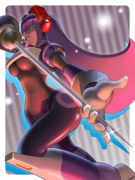 1girl android blunt_bangs breasts capcom commentary_request dark-skinned_female dark_skin from_below green_eyes hair_over_eyes headgear headset hime_cut holding holding_weapon large_breasts layer_(mega_man) long_hair mega_man_(series) mega_man_x_(series) mole mole_under_eye napo purple_hair rapier robot_ears smile solo striped_background sword underboob weapon