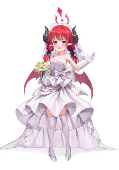 1girl :d alternate_costume arm_strap bare_shoulders black_ribbon blue_archive blush bouquet breasts demon_girl demon_horns demon_wings dobostorte dress elbow_gloves fang flower full_body gloves hair_ribbon halo hand_up hands_up high_heels highres holding holding_bouquet horns junko_(blue_archive) open_mouth purple_eyes red_hair red_halo ribbon rose small_breasts smile solo strapless strapless_dress thighhighs twintails veil wedding_dress white_dress white_flower white_gloves white_rose wings