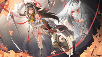 2girls absurdres animal_ear_fluff animal_ears armlet bare_shoulders black_hair black_shoes bracelet breasts brown_hair china_dress chinese_clothes closed_mouth clover clover_hair_ornament commentary_request dress droopy_ears dual_persona falling_leaves floating floating_object floating_sword floating_weapon from_above gradient_hair hair_ornament hairband highres holding holding_sword holding_weapon index_finger_raised jewelry large_breasts leaf leg_tattoo long_hair looking_at_viewer maple_leaf metal_bracelet multicolored_hair multiple_girls multiple_swords red_eyes red_hair see-through_horns sheath shoes silver_armlet silver_bracelet sword tail tattoo very_long_hair water weapon white_dress white_hair white_hairband xiaojuan_(user_ezvt7287) ye_shunguang yellow_nails zenless_zone_zero