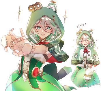 1girl absurdres artist_name braid cecilia_immergreen cecilia_immergreen_(1st_costume) colored_inner_hair doll_joints dress green_dress green_eyes green_hair green_hood grey_hair highres hololive hololive_english joints multicolored_hair musical_note musical_note_print no_detached_sleeves otomo_(cecilia_immergreen) side_braid sparkle stretching virtual_youtuber weiiyxn white_background winding_key