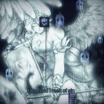 1girl abs angel_wings aqua_theme arm_at_side arm_garter armor asymmetrical_sidelocks bare_shoulders berrylavend3r black_background black_hands caption closed_eyes closed_mouth colored_extremities commentary cookie_run cookie_run:_kingdom cowboy_shot dress english_commentary english_text faulds fingernails flag gauntlets glitch hair_between_eyes highres holding holding_flag holding_painting holding_photo holding_portrait humanization long_hair monochrome official_alternate_costume one_eye_covered painting_(object) photo_(object) sharp_fingernails side_slit sidelocks silent_salt_cookie single_gauntlet skull smile solo standing strapless strapless_dress toned toned_female weirdcore white_lily_cookie white_lily_cookie_(dawnbringer) wings