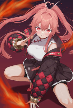1girl absurdres ahoge bike_shorts bike_shorts_under_skirt black_skirt blush breasts chaos_zero_nightmare cropped_jacket hand_on_ground heart heart_ahoge high-waist_skirt highres jacket konjou large_breasts long_hair long_sleeves looking_at_viewer mei_lin_(chaos_zero_nightmare) open_clothes open_jacket puffy_long_sleeves puffy_sleeves red_background red_eyes skirt smile solo twintails very_long_hair zipper