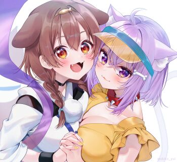 2girls :3 absurdres ahoge animal_ear_fluff animal_ears asymmetrical_docking black_choker blush bone_hair_ornament braid breast_press breasts brown_eyes brown_hair cat_ears choker cleavage closed_mouth collar collarbone dog_ears dress fangs fish_hair_ornament frilled_dress frills hagoromo hair_ornament highres hololive interlocked_fingers inugami_korone jewelry large_breasts looking_at_viewer medium_breasts multiple_girls nekomata_okayu open_mouth purple_eyes purple_hair red_collar ring shawl spiked_collar spikes twin_braids upper_body virtual_youtuber white_background wristband yellow_dress yellow_nails yuuyu_(moco20111115)