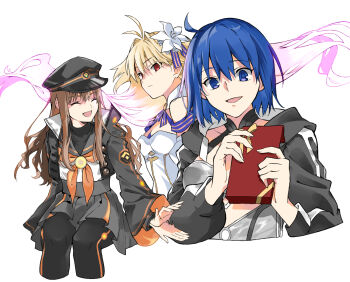 3girls antenna_hair archetype_earth arcueid_brunestud bare_shoulders black_jacket black_sailor_collar blonde_hair blue_eyes blue_hair breasts brown_hair c.i.e.l_(fate) ciel_(tsukihime) cropped_jacket detached_sleeves dress fate/grand_order fate_(series) gift grey_one-piece_swimsuit hat jacket kishinami_hakuno_(female) kishinami_hakuno_(female)_(mooncancer) long_hair long_sleeves looking_at_viewer military_hat multiple_girls mysterious_executor_c.i.e.l_(fate) neckerchief one-piece_swimsuit orange_neckerchief orange_outline orange_trim outline peaked_cap popped_collar red_eyes sailor_collar sakura_(skr_i) shirt short_hair smile strapless strapless_dress swimsuit two-tone_skirt valentine white_dress