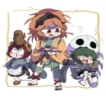 >_< 3others :o androgynous angry annoyed aodo_mikan apron bare_legs black_hairband blue_kimono blue_ribbon blush_stickers bone brown_hakama brown_helmet brown_sandals brown_sleeves brown_slippers child clenched_hand commentary_request crack detached_sleeves flying_sweatdrops frilled_apron frilled_jacket frills frown furrowed_brow green_hair green_kimono hair_rollers hairband hakama hakama_short_skirt hakama_skirt haniwa_(statue) haori hat height_difference helmet highres holding_hands jacket japanese_clothes katano_sukune kimono kitsugai_sese knees layered_sleeves leg_ribbon leg_up len'en long_sleeves looking_at_another looking_at_object medium_hair messy_hair motion_lines multiple_others obi object_on_head open_mouth orange_eyes orange_hair orange_jacket orange_sleeves other_focus outline outside_border puffy_shorts purple_kimono red_eyes red_hair red_ribbon ribbon sandals sash shaded_face short_hair short_kimono shorts single_detached_sleeve skeleton_print skirt skull-shaped_hat skull_print sleeveless sleeveless_kimono slippers standing sweatdrop tearing_up toes twitter_username upturned_eyes v-shaped_eyebrows waist_apron waist_ribbon wavy_mouth white_apron white_background white_hat white_outline white_sash white_shorts white_slippers wide-eyed wide_sleeves zouri zuifeng_tenkai