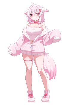 1girl :3 absurdres ahoge animal_ears bandaid bandaid_on_knee bandaid_on_leg bare_shoulders blush breasts choker cleavage closed_mouth collarbone deaver fangs floppy_ears full_body highres hood hoodie large_breasts looking_at_viewer medium_hair multicolored_hair navel original pink_eyes pink_hair pink_hoodie pink_shoes shoes simple_background skin_fangs sleeves_past_fingers sleeves_past_wrists smile solo standing stomach streaked_hair tail tank_top thigh_strap thighs white_background white_tank_top wolf_ears wolf_girl wolf_tail