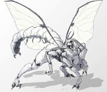 1girl abdomen_tail absurdres antennae arthropod_girl black_sclera breasts colored_sclera commentary english_commentary extra_arms grape_(grape05843924) highres insect_girl insect_wings monster_girl moth_girl original segmented_tail shadow solo white_background white_fur wings yellow_eyes